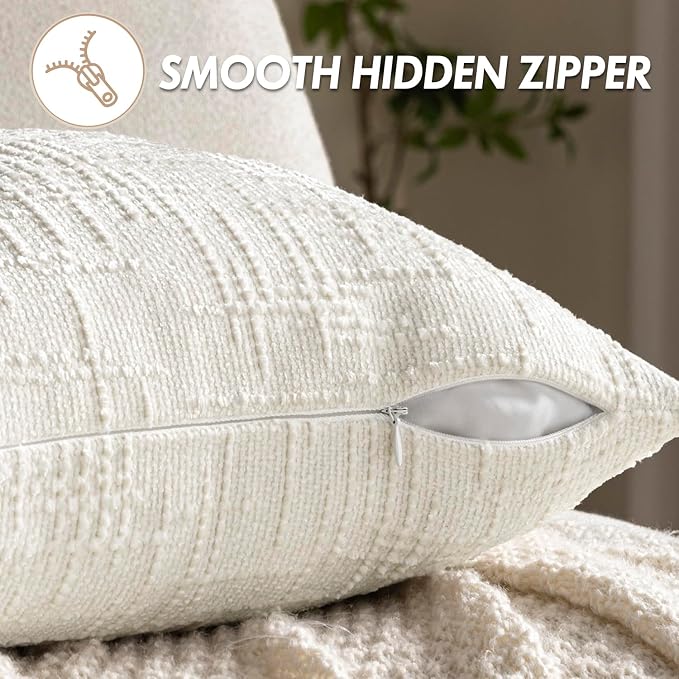 MIULEE Chenille Textured Euro Pillow Covers Cream White 24x24 Set of 2 | Slubby - Image 7