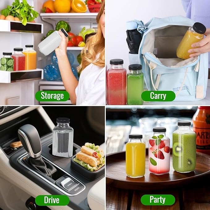 BIGIVACA 16 oz Glass Juice Bottles with Lids,6 PACK Bottles for Juicing,Square Drinking Jars Glass for Coffee,Cola,Milk,Tea in Travel,Work,School