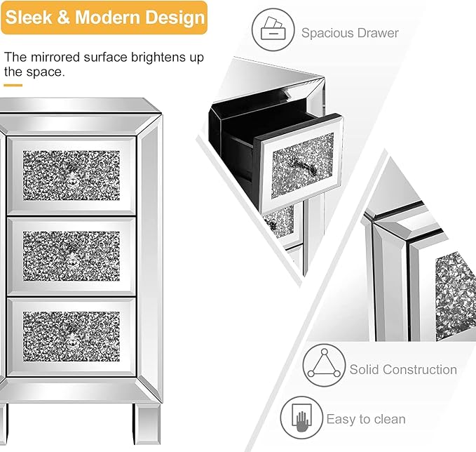 VINGLI 3-Drawer Mirrored Nightstand Bedside Table Modern Night Stands Set of 2 - Image 3
