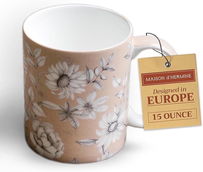 Maison d' Hermine Coffee Mug with Handles Fine Bone China Mugs Pack of One Tea Cups for Hot Beverages Cappuccino Latte Home Restaurant Office Perfect for Gift (Pretty Autumn - Mono Autumn, 15 Ounce)