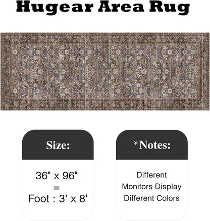 3x8 Brown Blue Vintage Floral Washable Runner Rug - Image 2