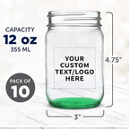 DISCOUNT PROMOS Custom Decorating Mason Jars 12 oz. Set of 10, Personalized Bulk Pack - Glass Jars for Overnight Oats, Candies, Fruits, Pickles, Spices, Beverages - Green