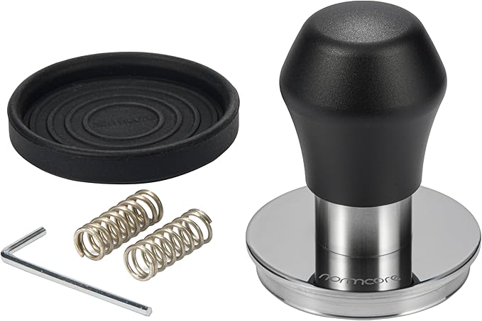 Normcore 58mm Coffee Tamper V4.1 Mini, Spring-Loaded with Click Feedback, Compatible with 58mm Espresso Machines Portafilter, Anodized Aluminum Handle and Silcone Stand, Black