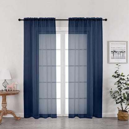 Navy Blue Sheer Curtains 72 Inches Long 2 Panels, Transparent Voile Sheer by OWENIE