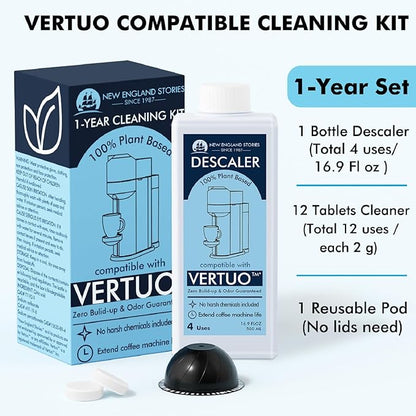 (12 Months Supply) Descaling Kit Compatible with Nespresso Vertuo, Odorless Coffee Brewer Machine Descaler Set, Liquid Descaling Solution for Nespresso, Includes Reusable Pod and 12 Cleaning Tablets