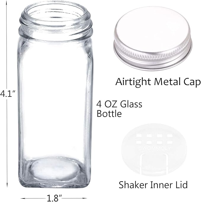 SWOMMOLY 36 Glass Spice Jars with 703 Spice Labels, Empty Square Spice Bottles 4 oz with Pour/Sift Shaker Lid, Airtight Cap, Chalk Marker and Funnel Complete Set