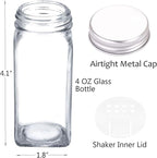 SWOMMOLY 36 Glass Spice Jars with 703 Spice Labels, Empty Square Spice Bottles 4 oz with Pour/Sift Shaker Lid, Airtight Cap, Chalk Marker and Funnel Complete Set