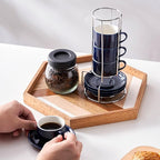2.5 Ounce Porcelain Espresso Cups with Saucers and Silver Stand, Navy Stackable Cups Set of 4