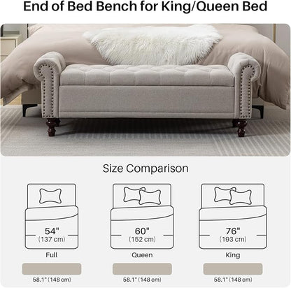 SOFTHION 58.1" Storage Bench Upholstered Linen End of Bedroom Bed Bench Ottoman - Image 5