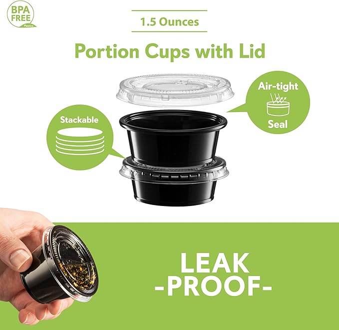 (1.5 oz - 100 Sets) Black Diposable Plastic Portion Cups With Lids, Small Mini Containers For Portion Controll, Jello Shots, Meal Prep, Sauce Cups, Slime, Condiments Disposable Souffle Cups