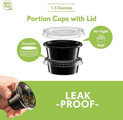 (1.5 oz - 100 Sets) Black Diposable Plastic Portion Cups With Lids, Small Mini Containers For Portion Controll, Jello Shots, Meal Prep, Sauce Cups, Slime, Condiments Disposable Souffle Cups