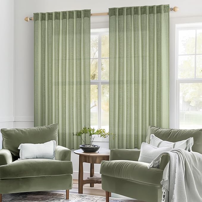 MIULEE Sage Green Linen Curtains 52x45 Inch 2 Panels - Image 2