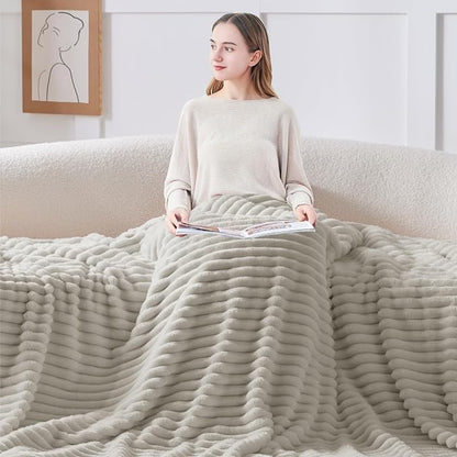 BEDELITE Striped Fleece Throw Blanket, Light Grey, Soft Cozy, Lightweight Warm - Image 3