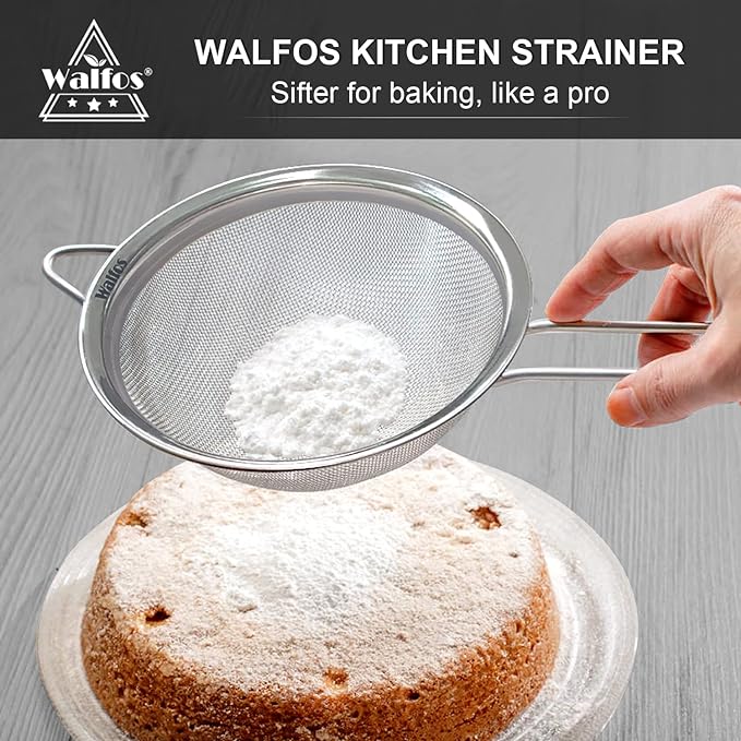 Walfos 7 Inch Fine Mesh Strainers, Premium Stainless Steel Colanders and Sifters, with Reinforced Frame and Sturdy Handle, Perfect for Sift, Strain, Drain and Rinse Vegetables, Pastas and Tea