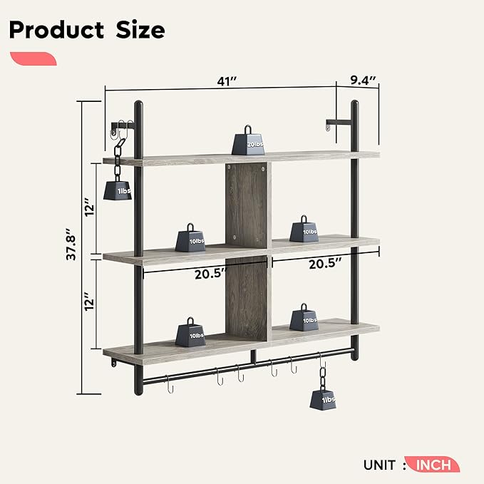 Bestier 41.5" Floating Pipe Shelving Kitchen Shelves Wall Mounted 3 Tier Ladder Shelf Hanging with Circular Tube Display Bookshelf Storage for Living Room Kitchen Balcony, Retro Grey