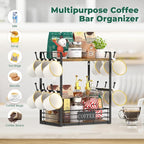 EsLuker.ly Coffee Mug Cup Holder Tree Bar Station Organizer for Countertop, Multi-Functional 2 Tier Mug Stand Rack for Kitchen, Storage Shelf with 12 Hooks, Vintage Brown-Black(Patented Design)
