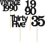 Gyufise 24Pcs Vintage 1990 Cupcake Toppers Glitter Cheers to 35 Fabulous Thirty Five Cupcake Picks 35th Birthday Wedding Anniversary Party Cake Decorations Supplies Black