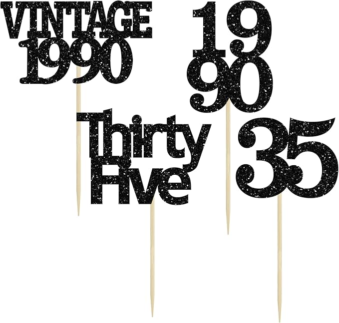 Gyufise 24Pcs Vintage 1990 Cupcake Toppers Glitter Cheers to 35 Fabulous Thirty Five Cupcake Picks 35th Birthday Wedding Anniversary Party Cake Decorations Supplies Black