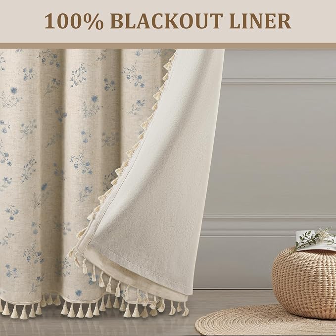 Boho Floral 100% Blackout Curtains 84 Inch 2 Panels Light Blue | Farmhouse - Image 6