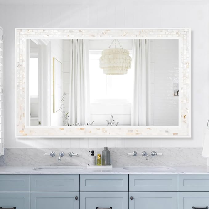 Tanmicoshomy 30 x 48 Inch White Bathroom Mirror, Natural Shell Framed - Image 6