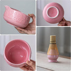 Matcha Whisk Set, Ceramic Matcha Set Includes Matcha Bowl, Matcha Whisk and Holder, Bamboo Scoop, Scoop Rest, Sifter and Tea Towel - 7 Pcs Matcha Kit for Matcha Lovers (Pink)