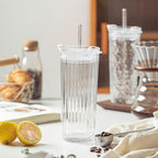 KEMORELA Ribbed Glass Tumbler with Straw and Lid – 18oz Durable Leak-Proof Drinking Cup for Hot and Cold Beverages – Stylish Design, Ideal for Iced Coffee, Smoothies, and More (2PCS-A)