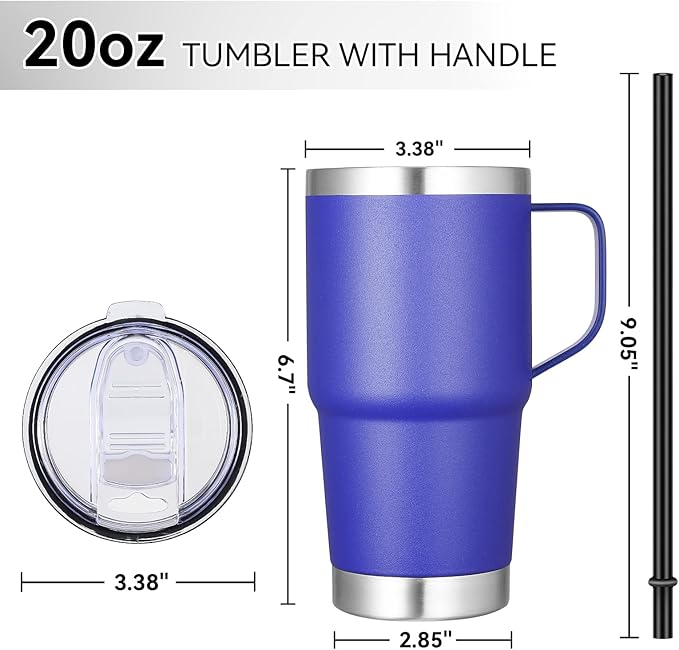 VEGOND 20 oz Tumbler Bulk with Handle Lid and Straw, Stainless Steel Insulated Travel Coffee Mug Set, Spill Proof Double Wall Metal Tumblers Cups, Powder Color Royal Blue 12 Pack