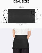 Syntus 3 Pack Server Aprons with 3 Pockets, 100% Cotton Waitress Waiter Waist Apron, 11.5-inch Black