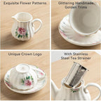 Porcelain Tea Sets British Royal Series, 8 OZ Cups & Saucer Service for 6, with Teapot Sugar Bowl Cream Pitcher Teaspoons and Tea Strainer, Suitable for High Tea, Wedding, Party(Blush Pink)