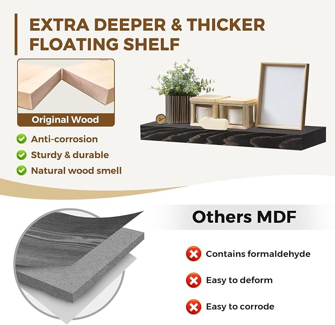 17x8x1.6 inch Floating Shelves Set of 2 – Solid Wood Rustic Black Wall Mounted - Image 3