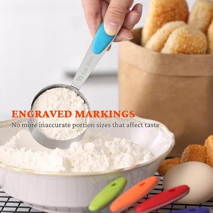 Stainless Steel Measuring Cups and Spoons Set of 19, 5 Measuring Cups with Colored Silicone Handles, 9 Nesting Spoons, 5 Mini Spoons, Kitchen Gadgets for Cooking & Baking, Dry and Liquid Ingredients