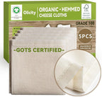 Organic Cheese Cloths, GOTS Certified, 5PCS, Grade 100, 20x20Inch Hemmed Cheese Cloth Fabric Reusable Fine Mesh Cloth, 100% Cotton Unbleached Muslin Cheesecloth for Straining, Cooking, Butter,Tofu,Tea