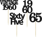 Gyufise 24Pcs Vintage 1960 Cupcake Toppers Glitter Cheers to 65 Fabulous Sixty Five Cupcake Picks 65th Birthday Wedding Anniversary Party Cake Decorations Supplies Black