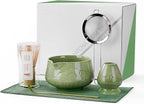 ZENS Matcha Whisk Set, 15oz Ceramic Matcha Set Includes Matcha Bowl, Bamboo Whisk & Chasen Holder, Sifter, Scoop & Tea Towel, 6pcs Matcha Kit for Matcha Latte, Emerald Green