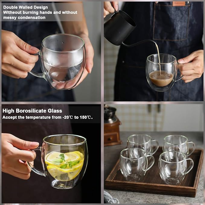ZONEYILA Double Walled Glass Coffee Mugs 8oz, Insulated Borosilicate Glass Coffee Cups Set of 4, Clear Glasses Mug with Handle for Espresso, Cappuccino, Tea, Hot Beverages