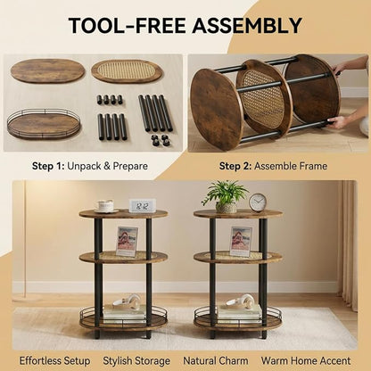 Small Rattan Side Table with Storage, 3 Tier Round/Oval End Table with Rattan - Image 7