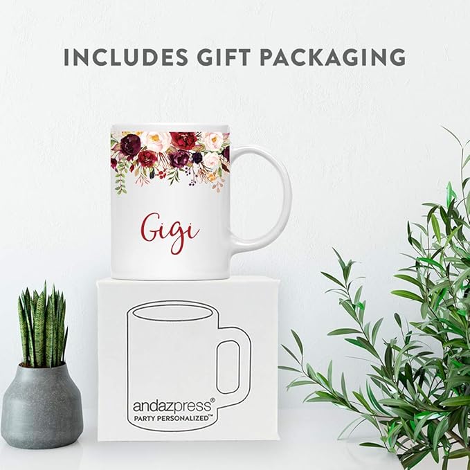 Andaz Press 11oz. Mother's Day Ceramic Coffee Tea Mug Gift, Fall Autumn Marsala Burgundy Flowers Roses Florals, Gigi, 1-Pack, Includes Gift Box, Birthday Christmas Gift Ideas