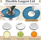 TeamFar Mixing Bowls with Lids Set, 6PCS Stainless Steel Metal Nesting Salad Bowl with 3 Grater Attachments, for Food Baking/Mixing/Serving/Storing, Dark Blue- 4.6/2.6/2 / 1.5/1 / 0.7 QT