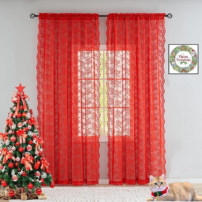 YJ YANJUN Vintage Lace Curtains 96 Inches Long-Victorian Floral Pattern Red by YJYANJUN
