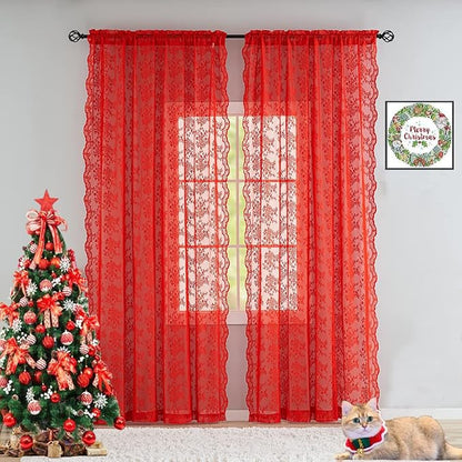 YJ YANJUN Vintage Lace Curtains 96 Inches Long-Victorian Floral Pattern Red by YJYANJUN