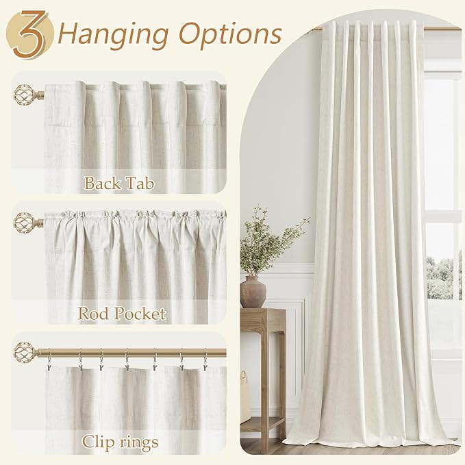 100% Blackout Linen Curtains for Bedroom 63 Inches Long Natural Cream Black Out - Image 6