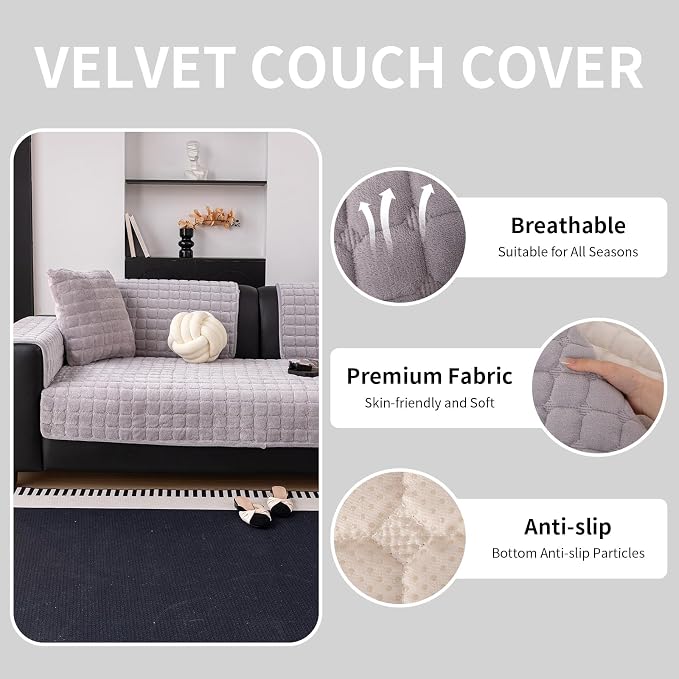 Velvet Couch Cover, Washable Sectional Sofa Cover, Anti Slip Sofa Slipcover - Image 3