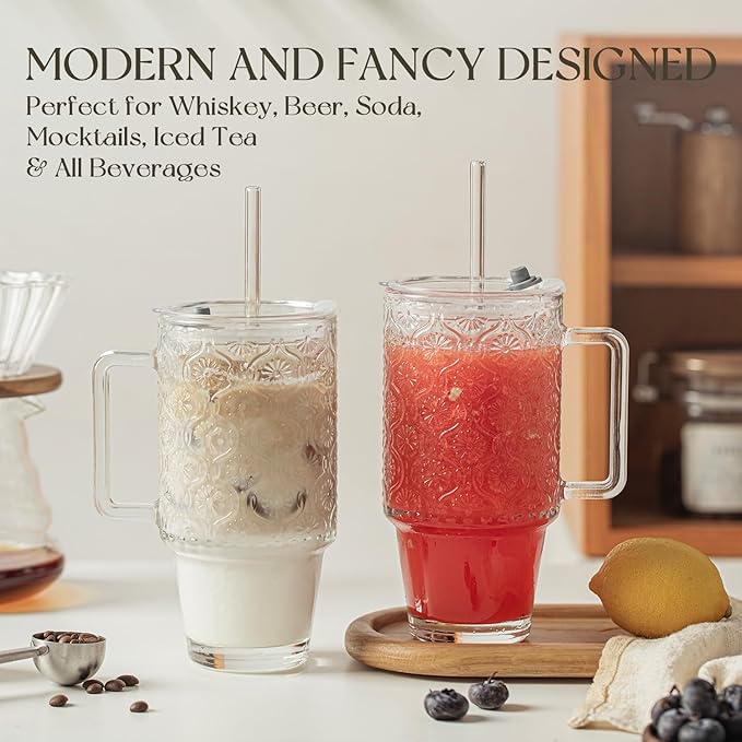 KEMORELA 24 Oz Glass Tumbler with Straw and Lid, Iced Coffee Cups with Lids, Smoothie Cup with Handle, Begonia Pattern Glassware for Cold Drinks, Reusable Tumbler for Beverages (1)