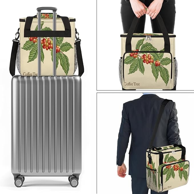 Coffee Tree Coffee Maker Carring Bag Coffee Leaf Bean Travel Carrying Storage Tote Bag Compatible with Keurig K-Mini or K-Mini Plus Portable Single Serve Coffee Brewer Case with Pockets for K-cup Pods