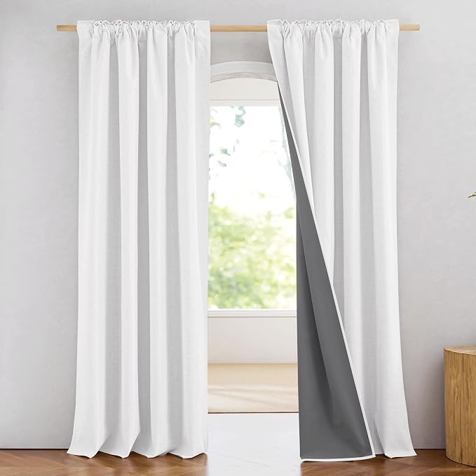 NICETOWN Greyish White 100% Blackout Linen Curtains 84" Long, Farmhouse Thick - Image 2