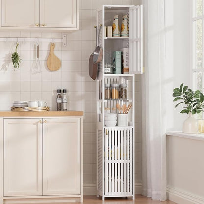 Amazer White Bathroom Storage Cabinet 70'', Bamboo Slim Storage Cabinet - Image 8