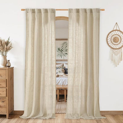 Natural Sheer Linen Curtains for Living Room Doorway 2 Panels | 80 inch Length by LAMIT