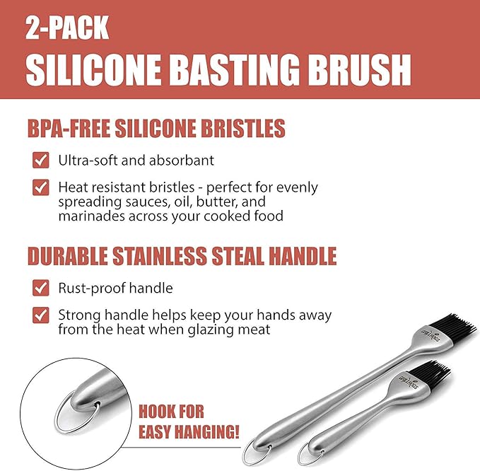 Kitchen Basting Brush, 18/0 Stainless Steel Set of 2 for Grilling & Cooking - 7.5 Inch Precision & 12 Inch Reach Grill Brushes with 480°F Heat Resistant Bristles - Silicone Brush, Pastry, BBQ Brush