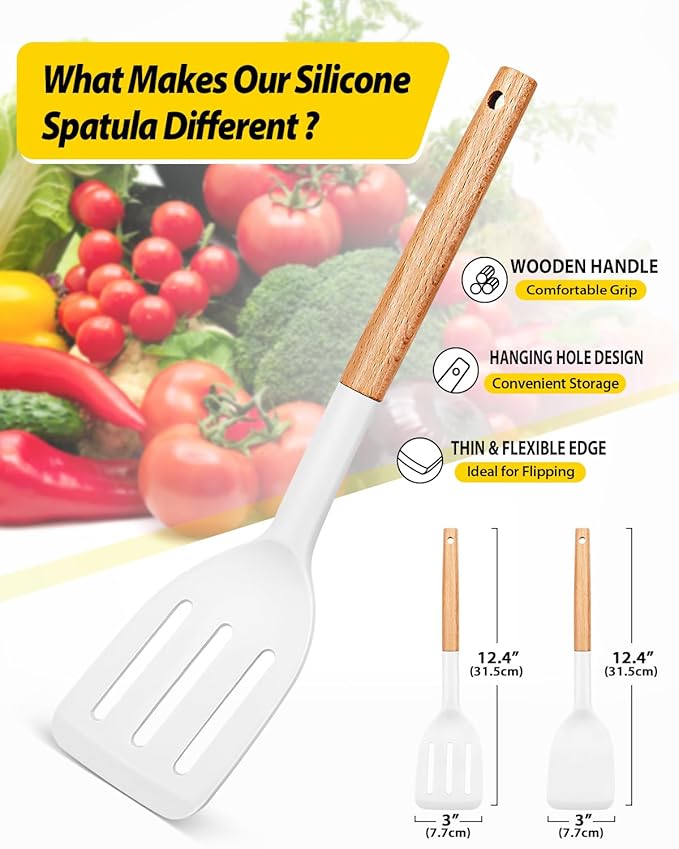 Pack of 2 Silicone Cooking Spatula, Heat Resistant Solid Turner, Non Stick Slotted Spatulas with Wooden Handle,Ideal Wood Kitchen Utensils Set for Frying, Baking, Flipping, Turning (WHITE)