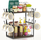 EsLuker.ly Coffee Station Bar Organizer Mug Holder Stand Countertop, 2 Tier Mug Cup Tree Rack for Kitchen Office, Storage Shelf with 12 Hooks, Creat Stylish Coffee Corner, Brown-Black